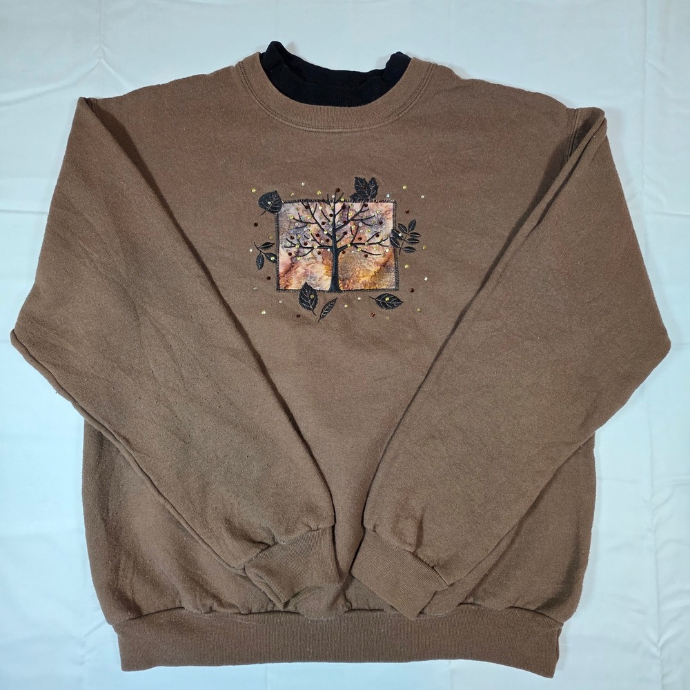 Vintage 90s Day Breeze Brown Embroidered Tree Rhinestone Sweatshirt Women Medium